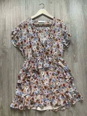 ASTR The Label Floral Ruffle Wrap Mini Dress Taupe Multi Size Medium